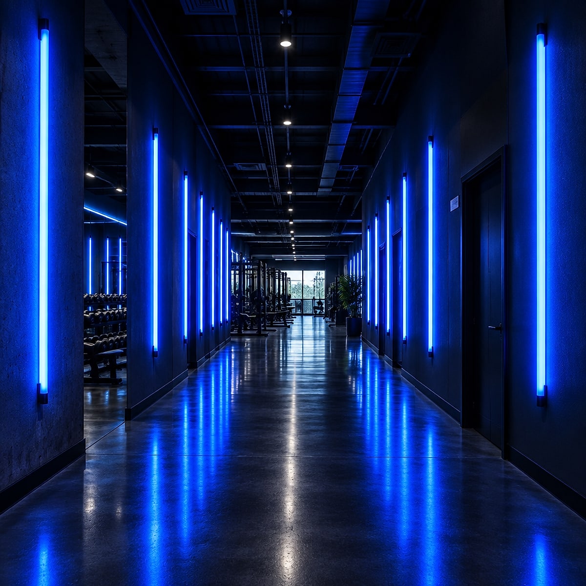 Wall-mounted 360 degree LED gym tube lights in a gym corridor