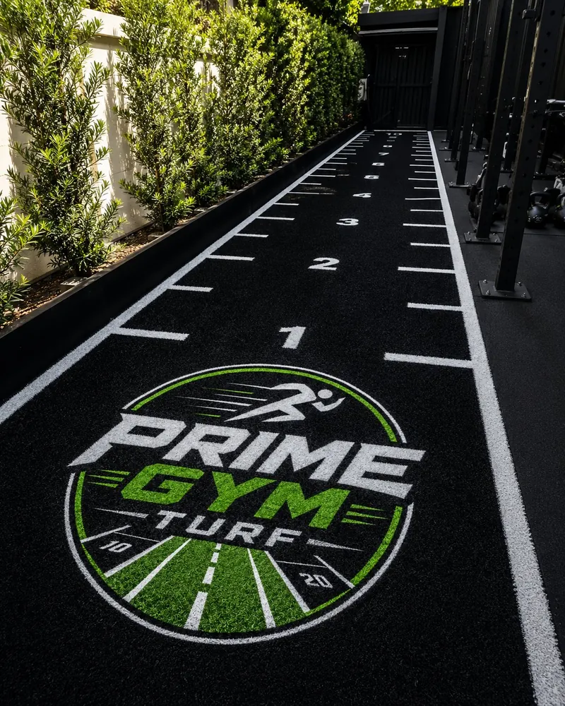 Custom gym sprint track with logo branding by Prime Gym Turf, West Midlands UK