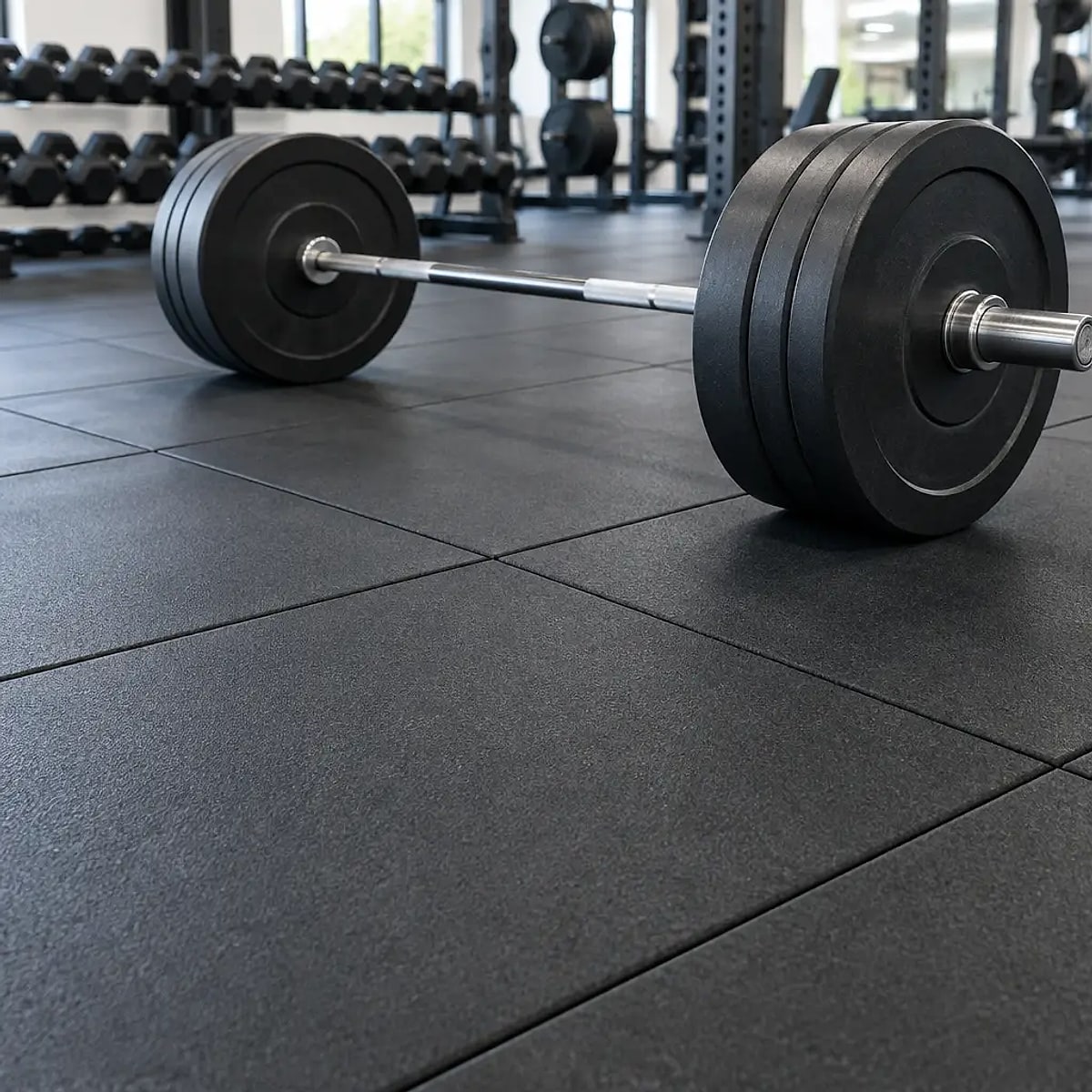 Barbell on black rubber gym floor tiles close-up