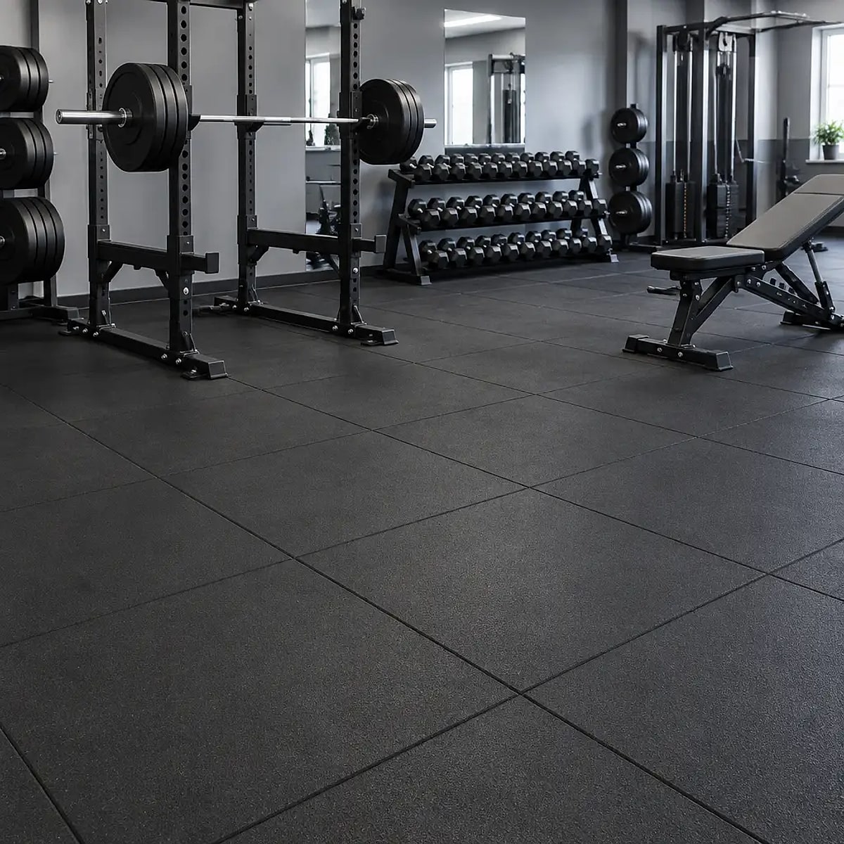 Black rubber gym floor tiles laid across a commercial gym — Prime Gym Turf
