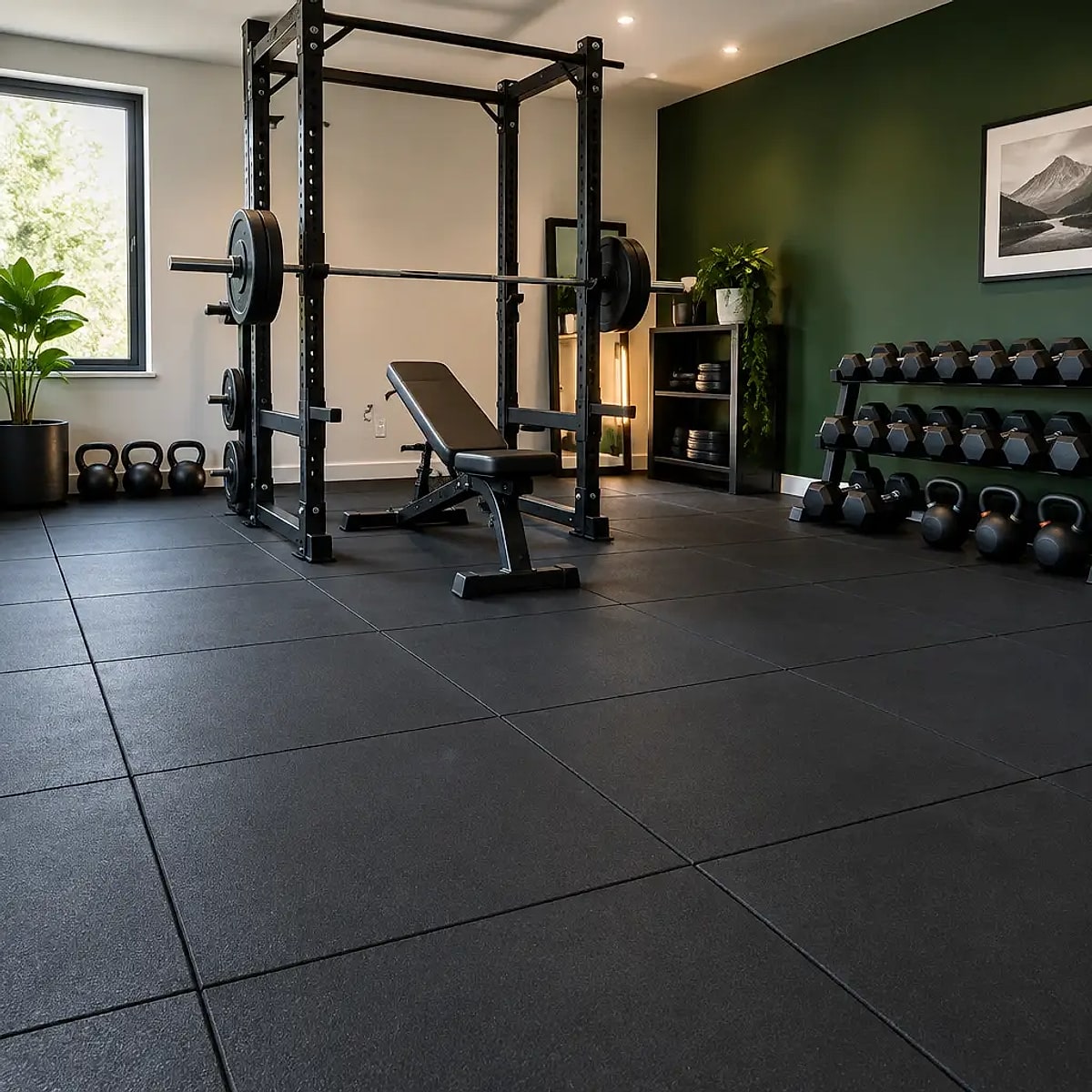 Rubber gym floor tiles in a home gym